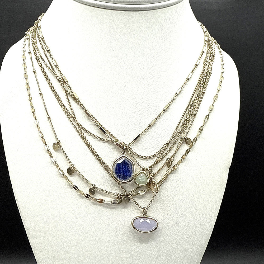 Multi Strand Necklace 18in Faceted Quartz Blue‎ Goldstone Gold Tone Chain Layers
